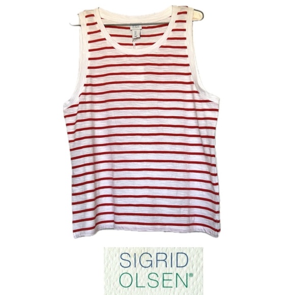 SIGRID OLSEN NWT 100% Cotton Red/White Stripe Tank Top Size L - Picture 1 of 14